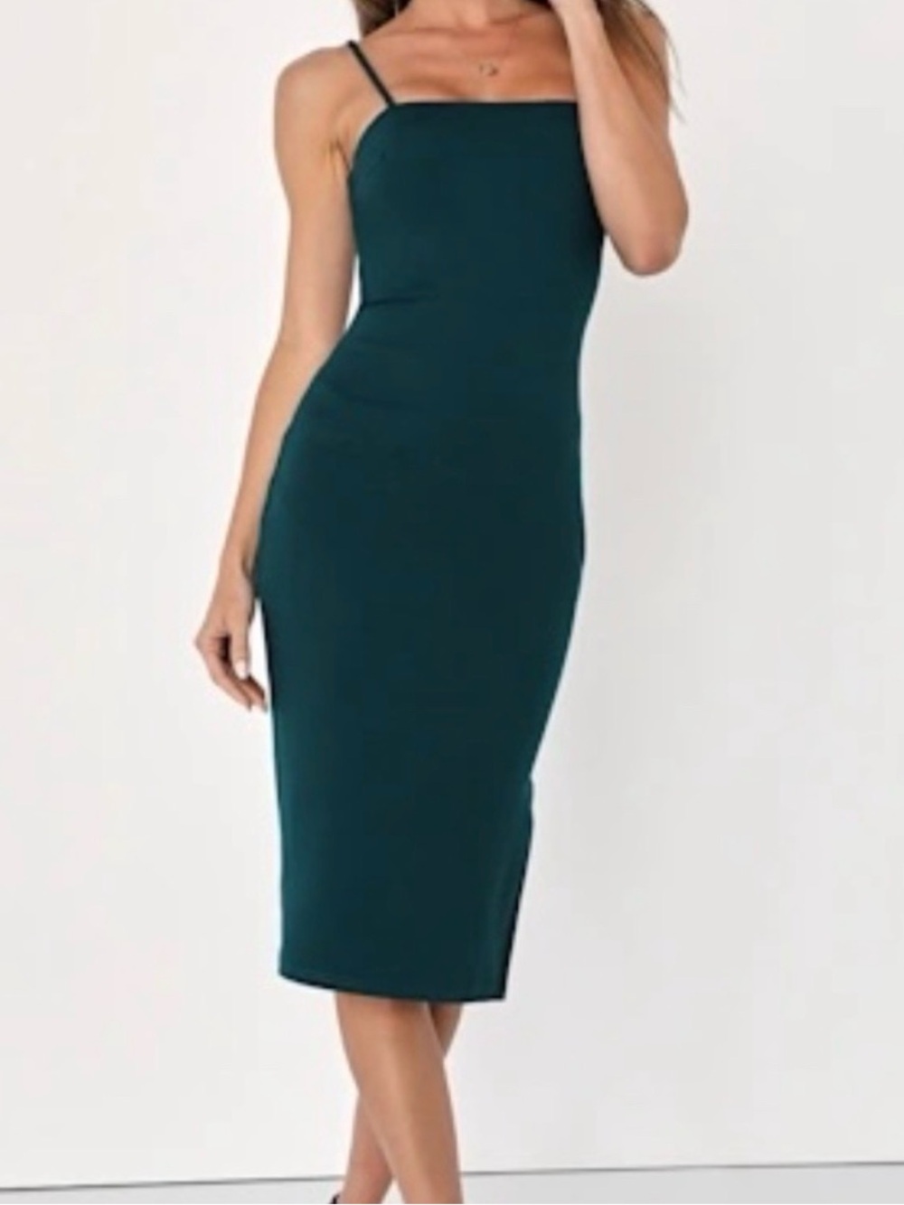 Classic Teal LuLus Paulina Forest green bodycon Midi Slip Dress Spaghetti Straps